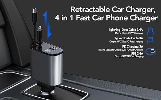 120W Rapid Car Charger (2025 Updated Model) featuring an 80CM Retractable Type-C Cable for Charging 4 Devices – Universal Mobile Charger for All Smartphones and Tablets (Car Charger)
