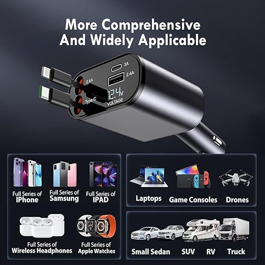 120W Rapid Car Charger (2025 Updated Model) featuring an 80CM Retractable Type-C Cable for Charging 4 Devices – Universal Mobile Charger for All Smartphones and Tablets (Car Charger)