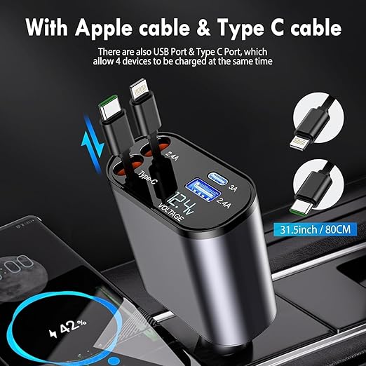 120W Rapid Car Charger (2025 Updated Model) featuring an 80CM Retractable Type-C Cable for Charging 4 Devices – Universal Mobile Charger for All Smartphones and Tablets (Car Charger)