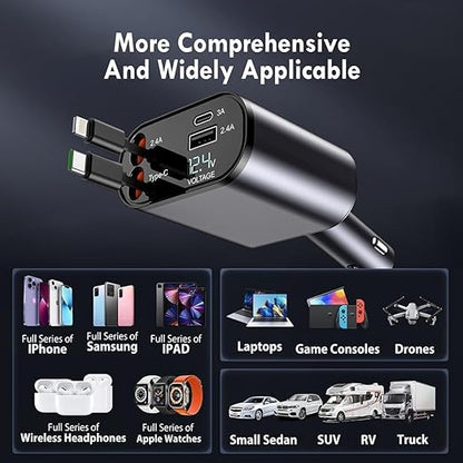 120W Rapid Car Charger (2025 Updated Model) featuring an 80CM Retractable Type-C Cable for Charging 4 Devices – Universal Mobile Charger for All Smartphones and Tablets (Car Charger)