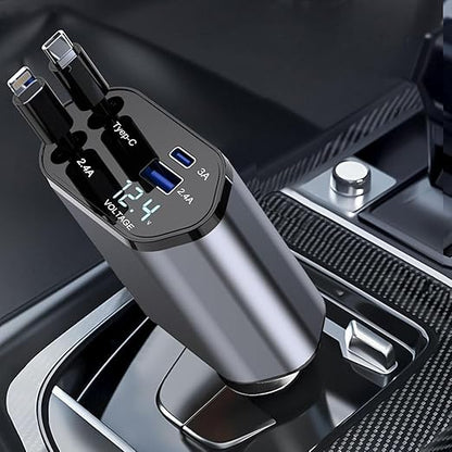 120W Rapid Car Charger (2025 Updated Model) featuring an 80CM Retractable Type-C Cable for Charging 4 Devices – Universal Mobile Charger for All Smartphones and Tablets (Car Charger)