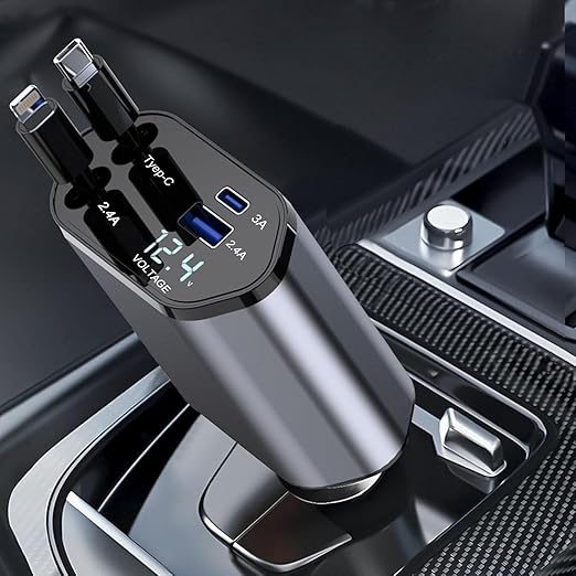120W Rapid Car Charger (2025 Updated Model) featuring an 80CM Retractable Type-C Cable for Charging 4 Devices – Universal Mobile Charger for All Smartphones and Tablets (Car Charger)