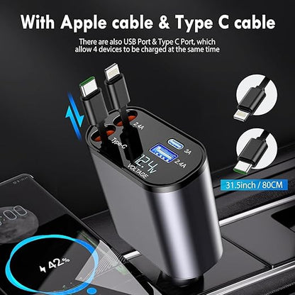 120W Rapid Car Charger (2025 Updated Model) featuring an 80CM Retractable Type-C Cable for Charging 4 Devices – Universal Mobile Charger for All Smartphones and Tablets (Car Charger)